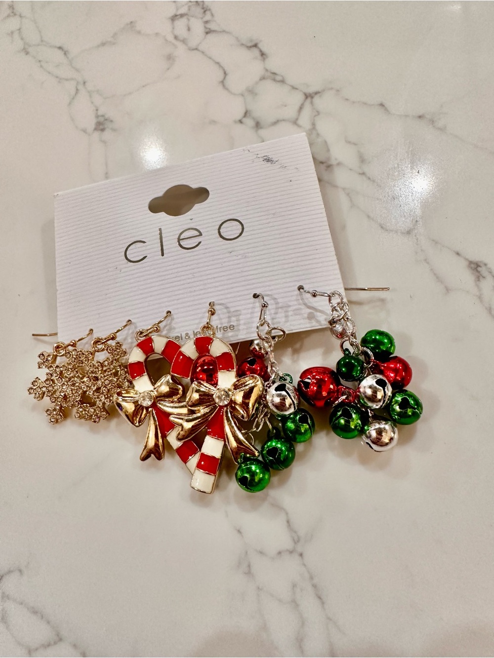 cleo Holiday Candy Cane and Jingle Bell Earrings - Red, Green, Gold